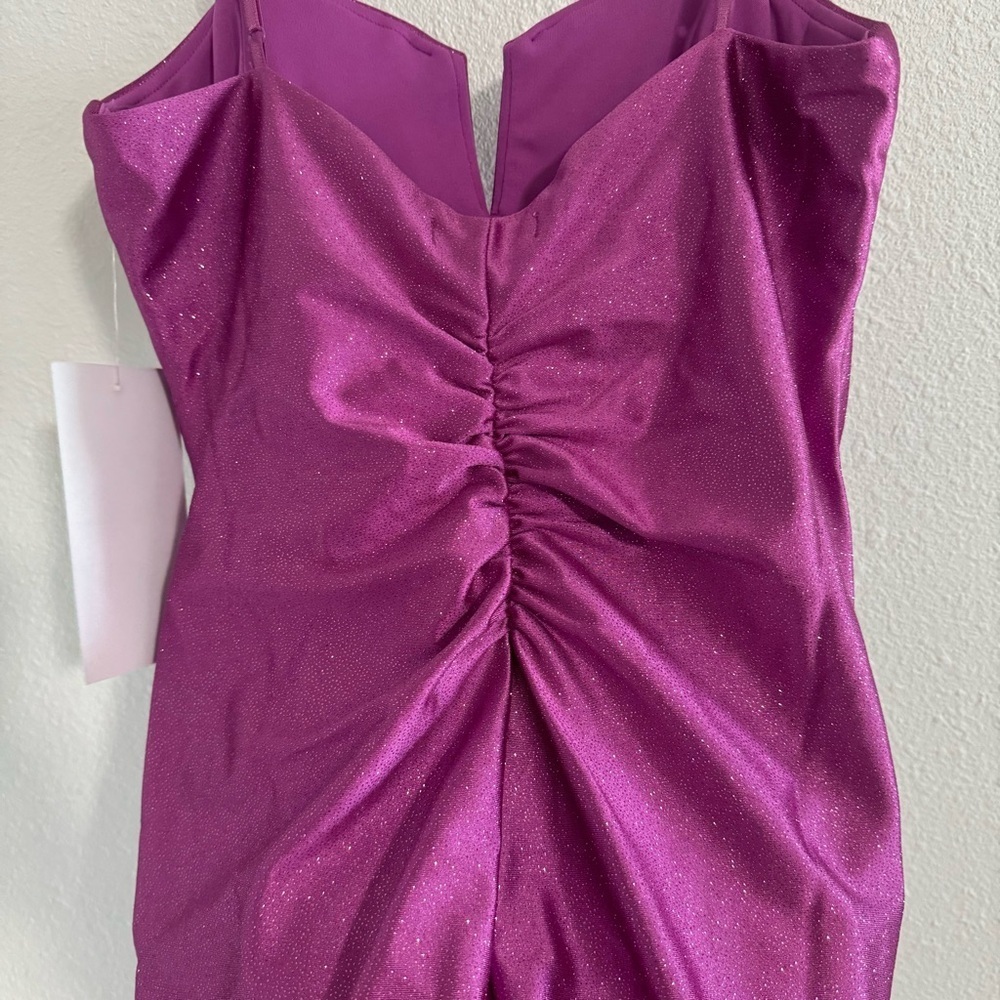 Sexy Shimmer Ruched Sparkly Magenta Mini Dress w/ Side Slit Size Medium … - Picture 4 of 8